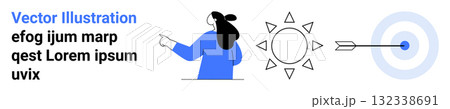Woman with ponytail and blue shirt points toward sun icon, next to bullseye target with arrow. Ideal for goal setting, success, direction, focus, achievements, target audience, business strategies Woman with ponytail and blue shirt points toward sun icon, next to bullseye target with arrow. Ideal for goal setting, success, direction, focus, achievements, target audience, business strategies 132338691