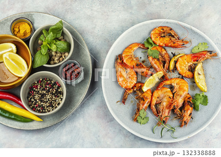 Large grilled langoustines, food photography. 132338888