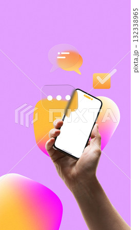 Bold colorful poster. Smartphone with floating chat bubbles and check icons representing voice interaction feedback 132338965