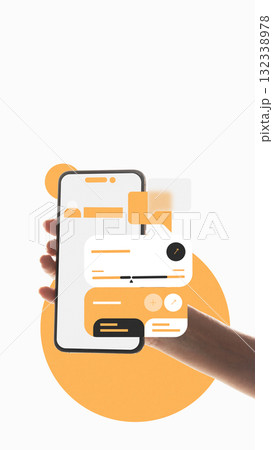 Graphic design. Hand holding smartphone with orange floating UI cards for task management app 132338978