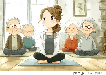美優シリーズ:老人ホームでシニアにヨガを指導する若い女性 美優シリーズ:老人ホームでシニアにヨガを指導する若い女性 132339096