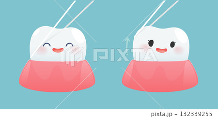 Cartoon dental floss steps showing correct flossing technique in two stages Cartoon dental floss steps showing correct flossing technique in two stages 132339255