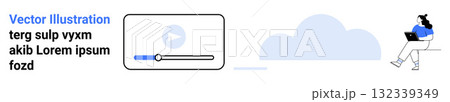 Video player interface with a play button and progress bar, person sitting with a laptop, stylized cloud in the background. Ideal for e-learning, online courses, virtual meetings, education, remote 132339349