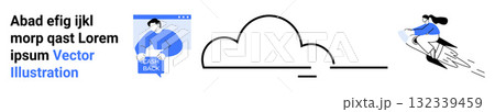 Man holding speech bubble, cloud symbol, woman on rocket. Ideal for technology websites, startup presentations, digital marketing, online education, software development, cloud services, landing page Man holding speech bubble, cloud symbol, woman on rocket. Ideal for technology websites, startup presentations, digital marketing, online education, software development, cloud services, landing page 132339459