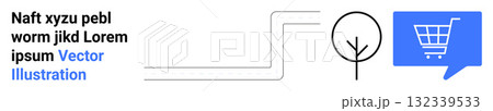 Black text block, abstract line shape, stylized black tree, blue speech bubble with shopping cart icon. Ideal for web design, e-commerce themes, minimalist design, nature elements, communication 132339533