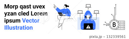 Person with laptop, hooded figure warning on screen, networked laptops, Bitcoin symbol. Ideal for fintech, cybersecurity, remote work, blockchain, technology blogs, educational content, and startup 132339561