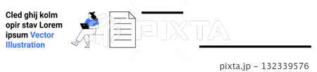 Person sitting on chair using laptop, document icon. Ideal for business, education, technology, communication, information, productivity, remote work Landing page Person sitting on chair using laptop, document icon. Ideal for business, education, technology, communication, information, productivity, remote work Landing page 132339576