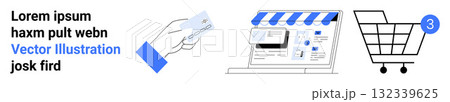 Hand holding a credit card for payment, an online storefront interface, and a shopping cart with three items. Ideal for e-commerce, online shopping, digital payments, retail technology, virtual Hand holding a credit card for payment, an online storefront interface, and a shopping cart with three items. Ideal for e-commerce, online shopping, digital payments, retail technology, virtual 132339625