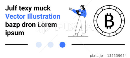 Woman with tablet pointing at Bitcoin symbol. Ideal for cryptocurrency, financial technology, professional advice, digital consultation, fintech marketing, investment services, blockchain technology 132339634