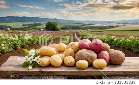 harvest of fresh potatoes on wooden fence harvest of fresh potatoes on wooden fence 132339839