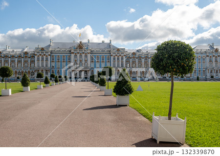 Stunning view of Catherine Palace with manicured gardens and decorative topiaries during a sunny day in Russia 132339870