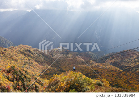 紅葉した黒部平に差し込む朝日 132339984