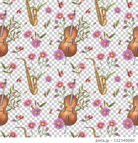 Watercolor seamless pattern of contrabass, saxophone, blooming flowers, decorative rose hips, barberry on isolated background. Musical instruments, aster flower, red berries illustration for textile. 132340080
