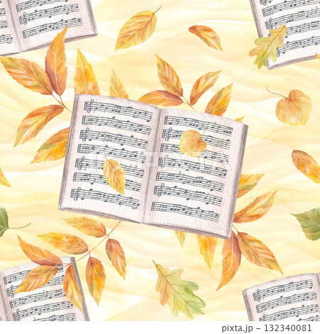 Open music note book on autumn golden leaves seamless pattern on watercolor yellow background. Music paper with note stave grid and foliage branches for textile, fall posters, packaging design. Open music note book on autumn golden leaves seamless pattern on watercolor yellow background. Music paper with note stave grid and foliage branches for textile, fall posters, packaging design. 132340081