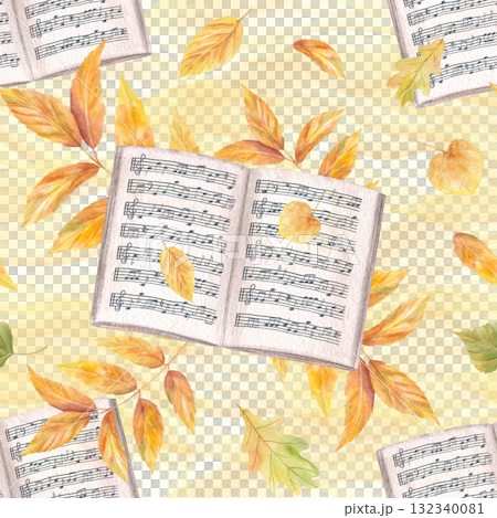 Open music note book on autumn golden leaves seamless pattern on watercolor yellow background. Music paper with note stave grid and foliage branches for textile, fall posters, packaging design. Open music note book on autumn golden leaves seamless pattern on watercolor yellow background. Music paper with note stave grid and foliage branches for textile, fall posters, packaging design. 132340081