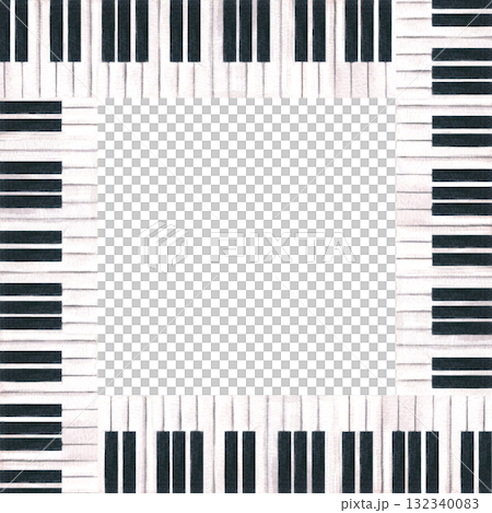 Watercolor piano keys square border on isolated background. Elegant black and white keyboard frame with copy space for text. Musical illustration for music themed designs, greeting cards, labels. Watercolor piano keys square border on isolated background. Elegant black and white keyboard frame with copy space for text. Musical illustration for music themed designs, greeting cards, labels. 132340083