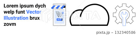 Text block, smartphone with shopping cart, cloud shape, and gear icon. Ideal for online retail, technology, cloud services, IT solutions, mobile apps, ecommerce, digital marketing. Landing page 132340586
