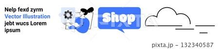 Woman holding a tablet with a gear icon, a blue shop button with white text, and a cloud outline. Ideal for online shopping, cloud services, modern technology, customer support, digital marketing 132340587