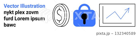 Dollar symbol, blue lock, and upward-trending graph. Ideal for finance, security, investment, business growth, economic analysis, web banners. Banner for landing page 132340589