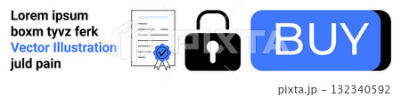 Document with seal, padlock, and large blue buy button. Ideal for e-commerce, security, authentication, certificates, transactions, and online shopping themes. Landing page Document with seal, padlock, and large blue buy button. Ideal for e-commerce, security, authentication, certificates, transactions, and online shopping themes. Landing page 132340592