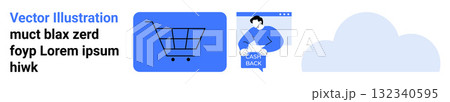 Shopping cart with wheels, person holding CASH BACK bag, large cloud. Ideal for e-commerce, online shopping, digital marketing, website graphics, promotional material, financial apps, user Shopping cart with wheels, person holding CASH BACK bag, large cloud. Ideal for e-commerce, online shopping, digital marketing, website graphics, promotional material, financial apps, user 132340595