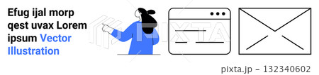 Woman pointing at digital elements including a text box, web page layout, and email template. Ideal for marketing presentations, web design, email campaigns, business strategy, education, online Woman pointing at digital elements including a text box, web page layout, and email template. Ideal for marketing presentations, web design, email campaigns, business strategy, education, online 132340602