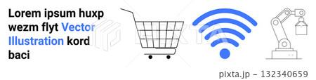 Shopping cart, wireless signal, and robotic arm associated with text. Ideal for e-commerce, internet connectivity, automation, technology, robotics, retail industry, and digital marketing themes Shopping cart, wireless signal, and robotic arm associated with text. Ideal for e-commerce, internet connectivity, automation, technology, robotics, retail industry, and digital marketing themes 132340659