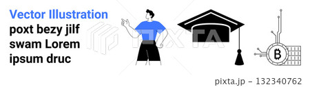 Person in blue shirt, graduation cap, Bitcoin symbol with circuitry. Ideal for blockchain education, cryptocurrency courses, academic fintech, digital learning, university tech, online seminars Person in blue shirt, graduation cap, Bitcoin symbol with circuitry. Ideal for blockchain education, cryptocurrency courses, academic fintech, digital learning, university tech, online seminars 132340762