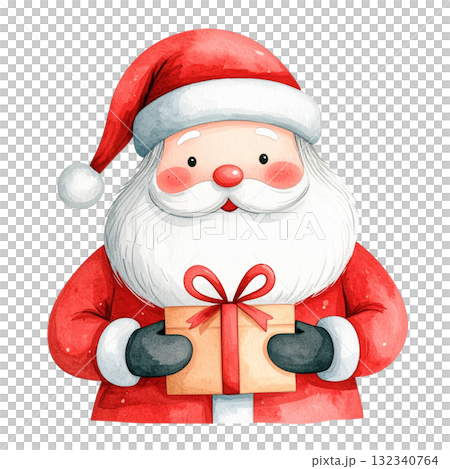 サンタクロースとプレゼントボックスの水彩イラスト 132340764