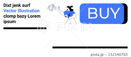 Character holding shopping items, large BUY button, minimalist design. Ideal for e-commerce, online shopping, retail, advertising, promotions, sales, marketing Landing page Character holding shopping items, large BUY button, minimalist design. Ideal for e-commerce, online shopping, retail, advertising, promotions, sales, marketing Landing page 132340783