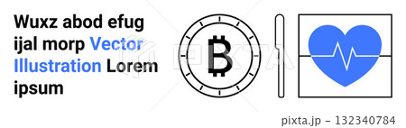 Bitcoin symbol in a circular frame, a heart with an EKG line, a vertical line symbol, and text elements. Ideal for digital currency, health monitoring, medical technology, financial health Bitcoin symbol in a circular frame, a heart with an EKG line, a vertical line symbol, and text elements. Ideal for digital currency, health monitoring, medical technology, financial health 132340784