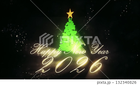 3d Christmas tree and light particles on black background. New Year 2026 background. Motion design, modern animated live image. New Year spirits and mood. 3D Illustration. 3d Christmas tree and light particles on black background. New Year 2026 background. Motion design, modern animated live image. New Year spirits and mood. 3D Illustration. 132340826