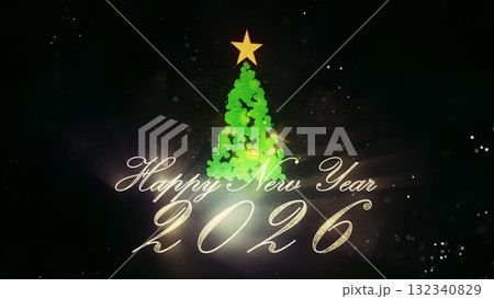 3d Christmas tree and light particles on black background. New Year 2026 background. Motion design, modern animated live image. New Year spirits and mood. 3D Illustration. 3d Christmas tree and light particles on black background. New Year 2026 background. Motion design, modern animated live image. New Year spirits and mood. 3D Illustration. 132340829