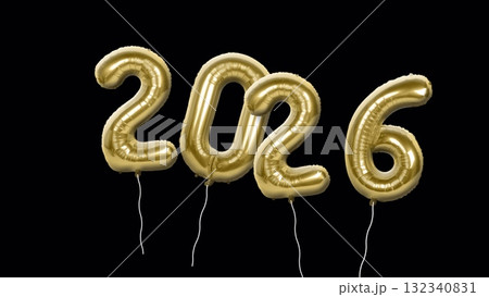 Black screen New Year 2026 gold foil balloons float around 3D rendering. Black screen New Year 2026 gold foil balloons float around 3D rendering. 132340831