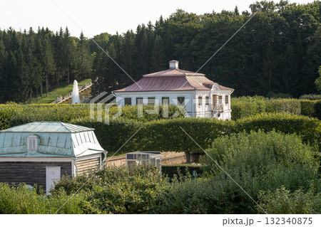 Elegant buildings surrounded by lush greenery at Peterhof in summer, showcasing the beauty of Russian palatial architecture and gardens Elegant buildings surrounded by lush greenery at Peterhof in summer, showcasing the beauty of Russian palatial architecture and gardens 132340875