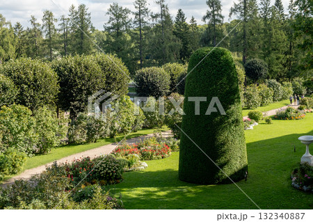 Exploring the lush gardens of Catherine Palace in Tsarskoye Selo during a sunny day 132340887