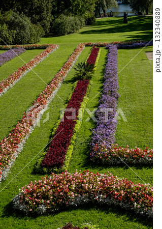 Beautiful floral patterns in the gardens of Catherine Palace showcasing vibrant colors and meticulous landscaping 132340889