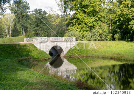 Scenic view of the Great Catherine Palace grounds featuring an elegant stone bridge over a serene reflection pond in vivid greenery 132340918