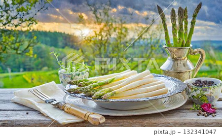 spring rolls with vegetables, herbs, bread, jug of milk, green tea, green grass spring rolls with vegetables, herbs, bread, jug of milk, green tea, green grass 132341047