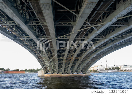 View of the intricate understructure of a bridge in Saint Petersburg, showcasing its engineering design over the water 132341094