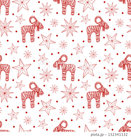 Traditional Scandinavian Yule goat made of straw with ribbons and stars and snowflakes vector seamless pattern in monochrome red color. Sweden symbol line art black ink ornate for winter packaging. Traditional Scandinavian Yule goat made of straw with ribbons and stars and snowflakes vector seamless pattern in monochrome red color. Sweden symbol line art black ink ornate for winter packaging. 132341132
