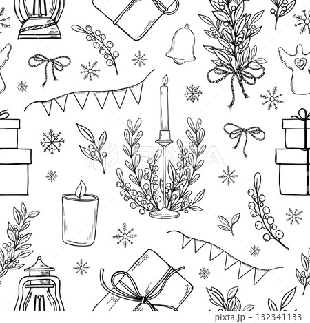 Burning candle on tall candlestick surrounded by decorative branches with leaves monochrome vector illustration painted by black inks. Holiday floral composition for Christmas cards, winter decor 132341133