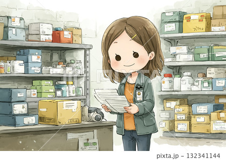 美優シリーズ：医薬品倉庫で出荷準備をする若い女性スタッフ 132341144