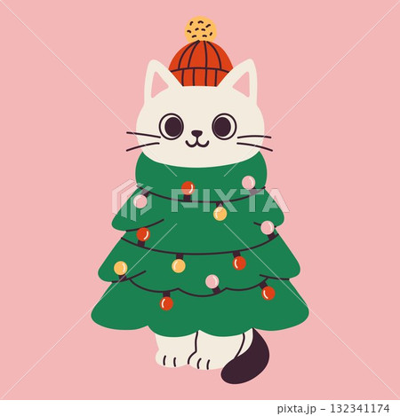 Adorable cartoon kitten in Christmas tree costume with holiday lights Adorable cartoon kitten in Christmas tree costume with holiday lights 132341174