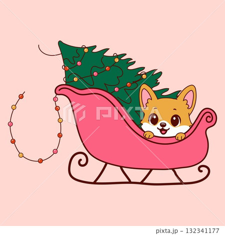 Adorable corgi puppy pulling Christmas tree in festive sleigh Adorable corgi puppy pulling Christmas tree in festive sleigh 132341177