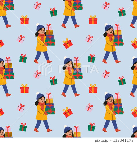 Cute holiday gift-giving pattern with girl in winter coat and presents 132341178