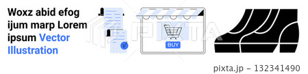 Documents stack, storefront with BUY button, and pair of shoes. Ideal for online shopping, e-commerce websites, product listings, retail, marketing materials, digital ads, and landing page. Landing Documents stack, storefront with BUY button, and pair of shoes. Ideal for online shopping, e-commerce websites, product listings, retail, marketing materials, digital ads, and landing page. Landing 132341490