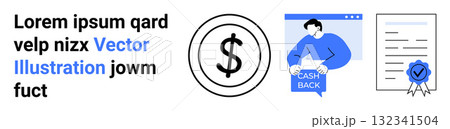Dollar symbol, person holding cash back card, web page, contract with ribbon. Ideal for finance, e-commerce, user rewards, online transactions, customer loyalty, business contracts, financial 132341504