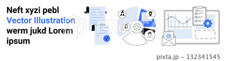 Documents, person icons, gear, mail, data graphs. Ideal for business presentations, data analysis reports, project management, workflow optimization, communication strategies marketing plans Documents, person icons, gear, mail, data graphs. Ideal for business presentations, data analysis reports, project management, workflow optimization, communication strategies marketing plans 132341545