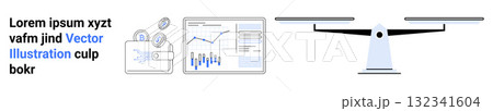 Briefcase with clock and bar chart, data analytics screen, and balance scale emphasizing business efficiency. Ideal for corporate strategy, growth analysis, time management, performance metrics 132341604